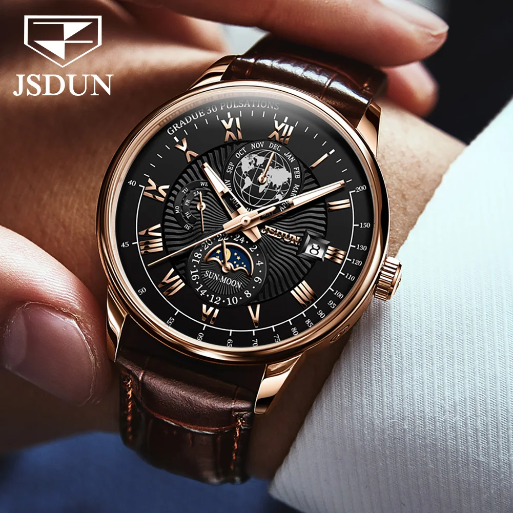 JSDUN Original Waterproof Leather Men Automatic Mechanical Watch Casual Business Wrist Watch Men Fashion Trend Watches for Men