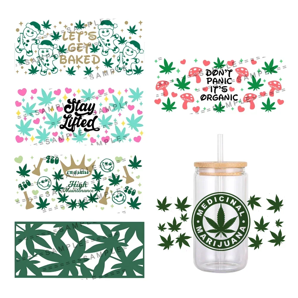 

24x11cm Green Weed Leaf Design Pattern UV DTF Transfer Sticker Waterproof Transfers Decals For 16oz Glass Cup Wrap Stickers