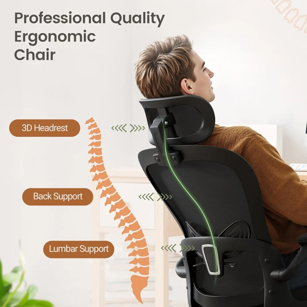 Ergonomic Office Computer Chair，Computer Desk Chair with 3D Headrest Adjustable Lumbar Support，High Back Mesh Chair with