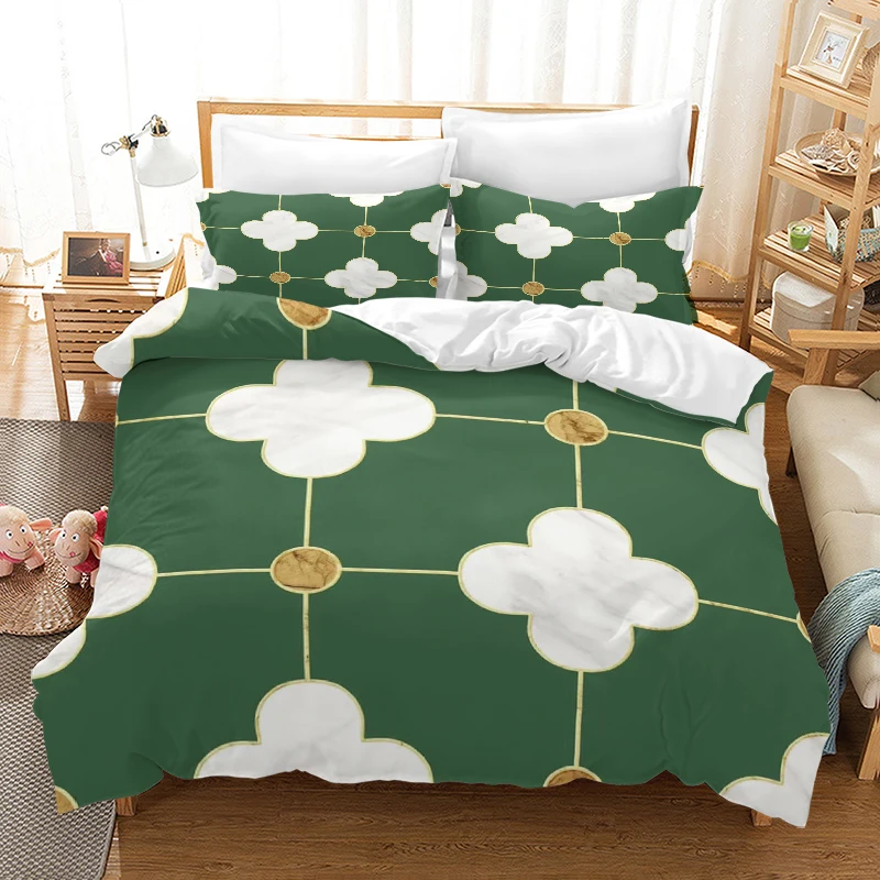 Green Four-leaf Clover Style Digital Printed Duvet Set - Polyester - Bedroom Decor -1 bed cover +2 pillowcase (no pillow core)