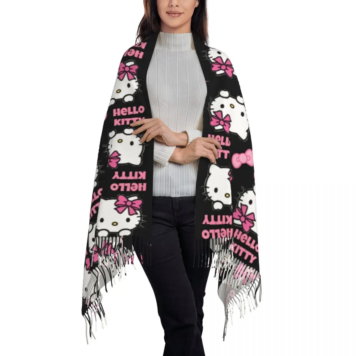 وشاح نسائي الدفء مرحبا كيتي القوس أغطية الرأس الأوشحة مع شرابة طويلة شال شعبي يلتف الشتاء الرسم Bufanda