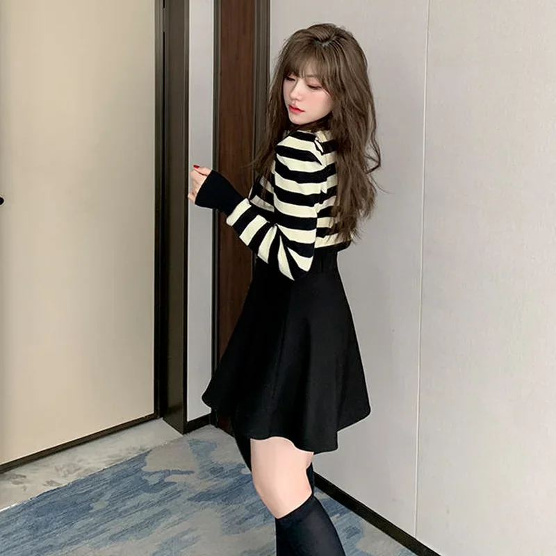 

Женские осенние комплекты в стиле BF, темпераментный полосатый вязаный топ, свитер, пуловеры и юбка, комплект из двух предметов, универсальные, нежные, элегантные