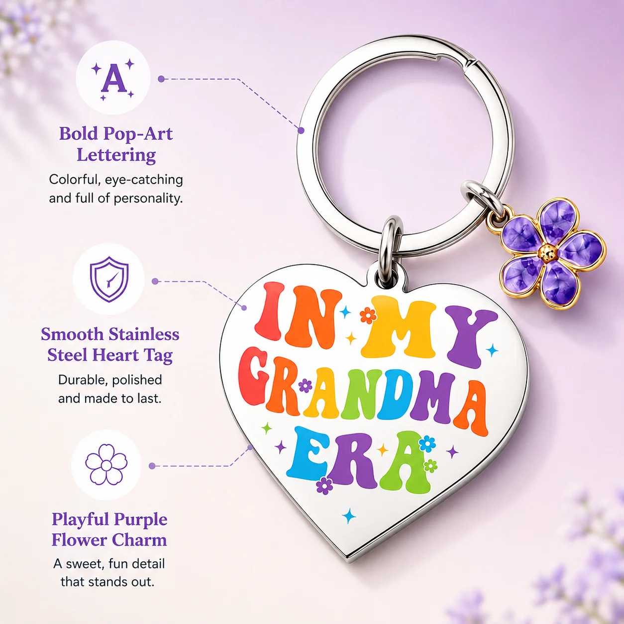 In My Grandma Era Heart Keychain,Flower Charm Bag Pendant,Gift for Grandmother,Birthday,Mother's Day, Xmas, Thanksgiving