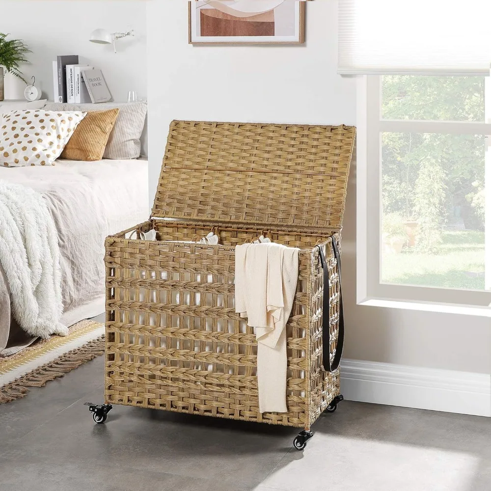 140L Synthetic Rattan Laundry Basket with Lid, Wheels and 3 Removable Linings