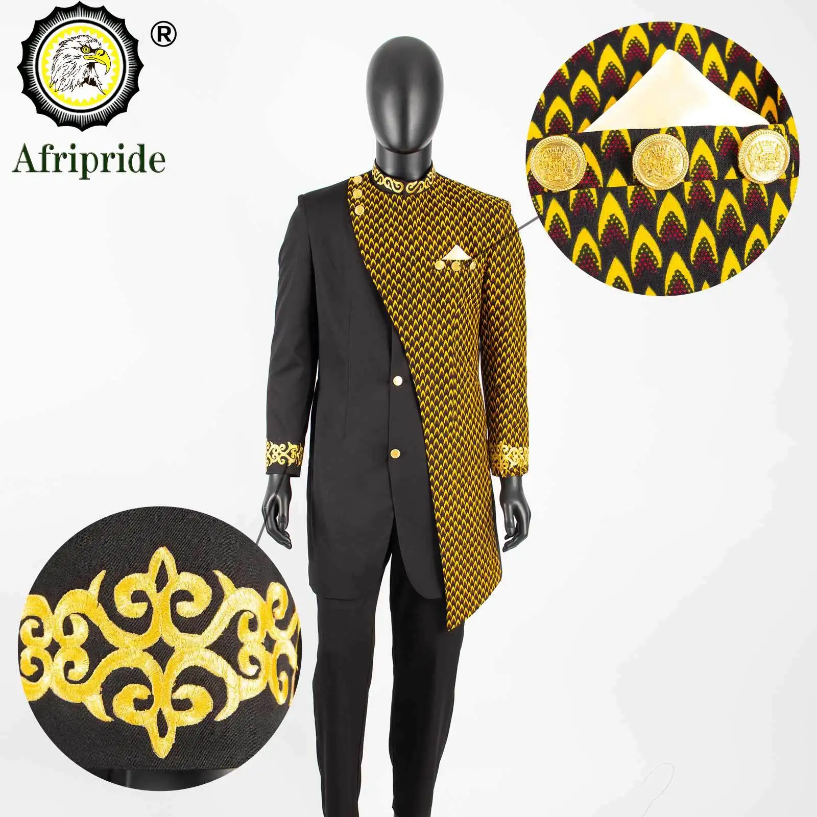 Trajes africanos para hombres, conjunto de chaqueta y pantalones con estampado bordado, traje de vestir de negocios con pañuelo, fiesta, boda, noche A 2316023