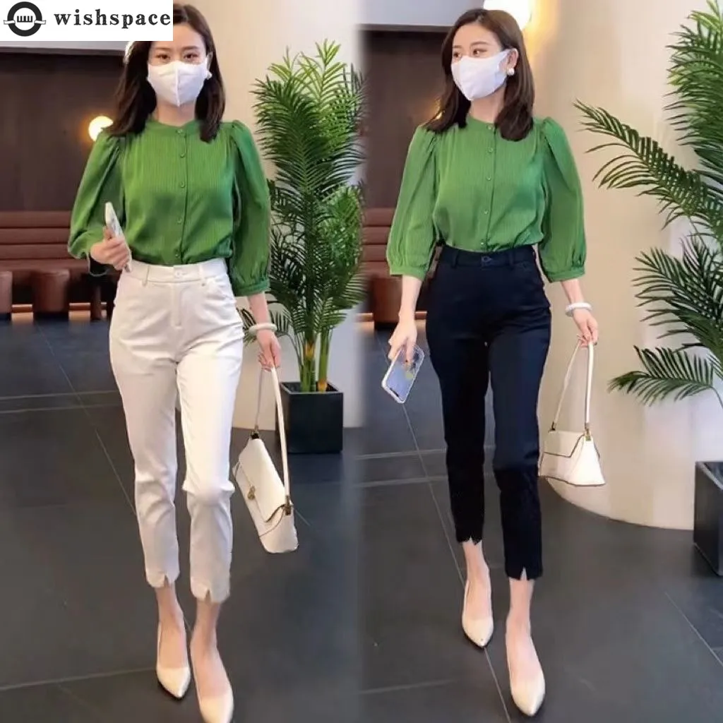 

Spring 2023 New Lotus Sleeve Chiffon Shirt Top Casual Suit Two Piece Elegant Women's Pants Set Office Professional Set