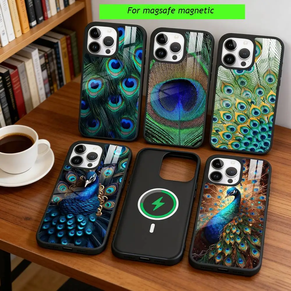 

P-Peacock feather Phone Case For iPhone17,16,15,14,13,12,11 Plus,Pro Magnetic with Magsafe Wireless Charging