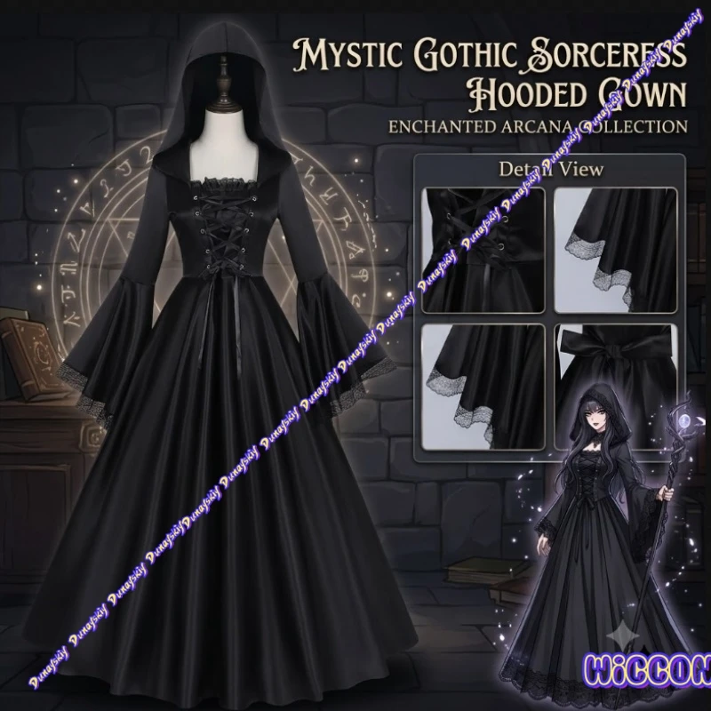 Medieval Court Witch Dark Gothic Hooded Long Dress Renaissance Ball Cosplay Costume Halloween Party Stage Vampire Elegant Dress