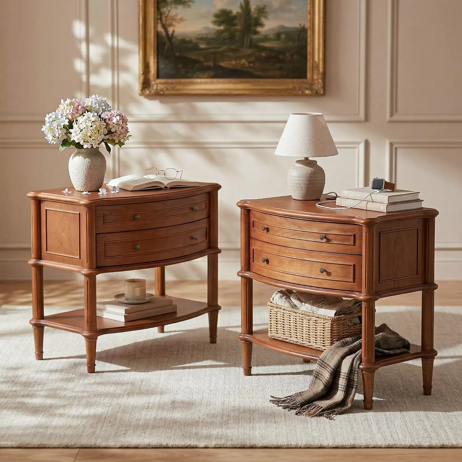 Wide Nightstand Set of 2 w/Charging Station & 2 Drawers Pre-Assembled Vintage Side Table w/Antique Pulls Rustic Wood End Table w