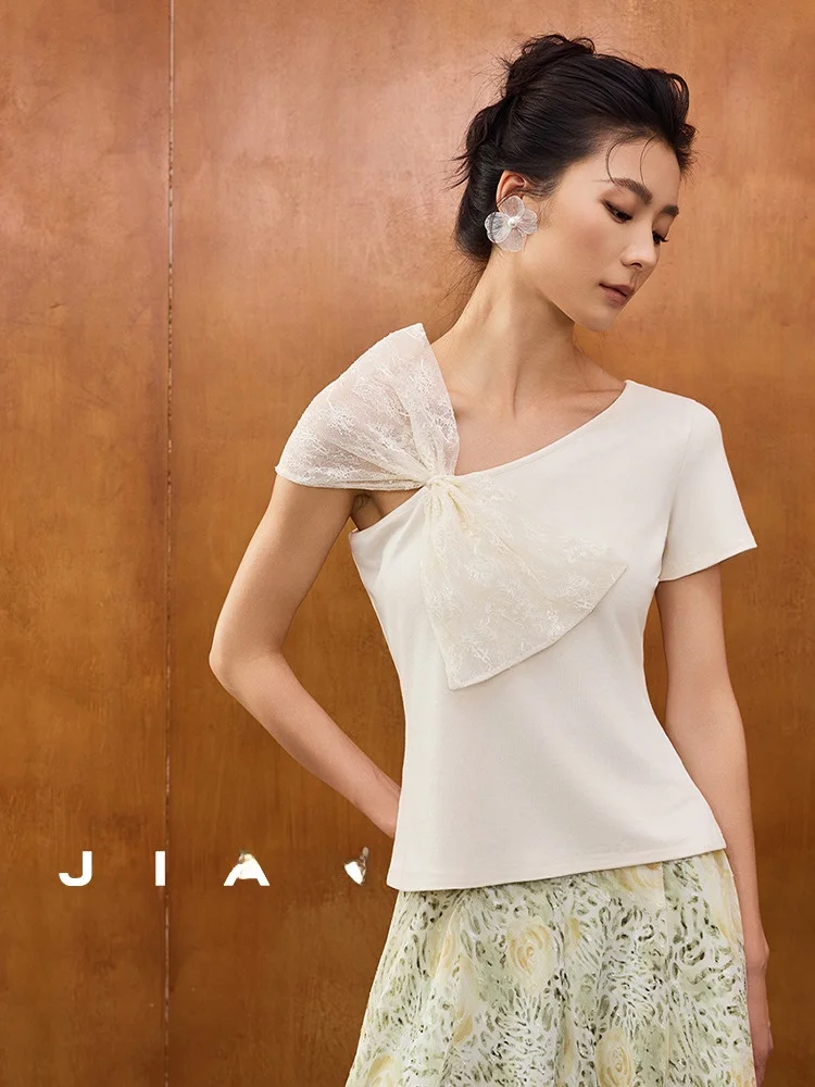

Jiancha Summer Soft Mist Filter Lace Short Sleeve T-Shirt Beige Color Cotton Blend Comfortable Breathable Women's Top