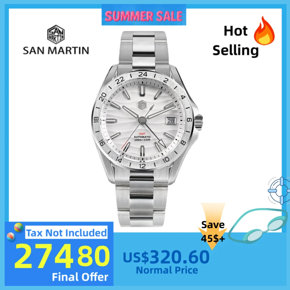

San Martin 39 мм GMT Dress Watch NH34 Автоматические роскошные часы Desert Dune Dial AR Coated Sapphire 100M Водонепроницаемые светящиеся часы SN0129-2
