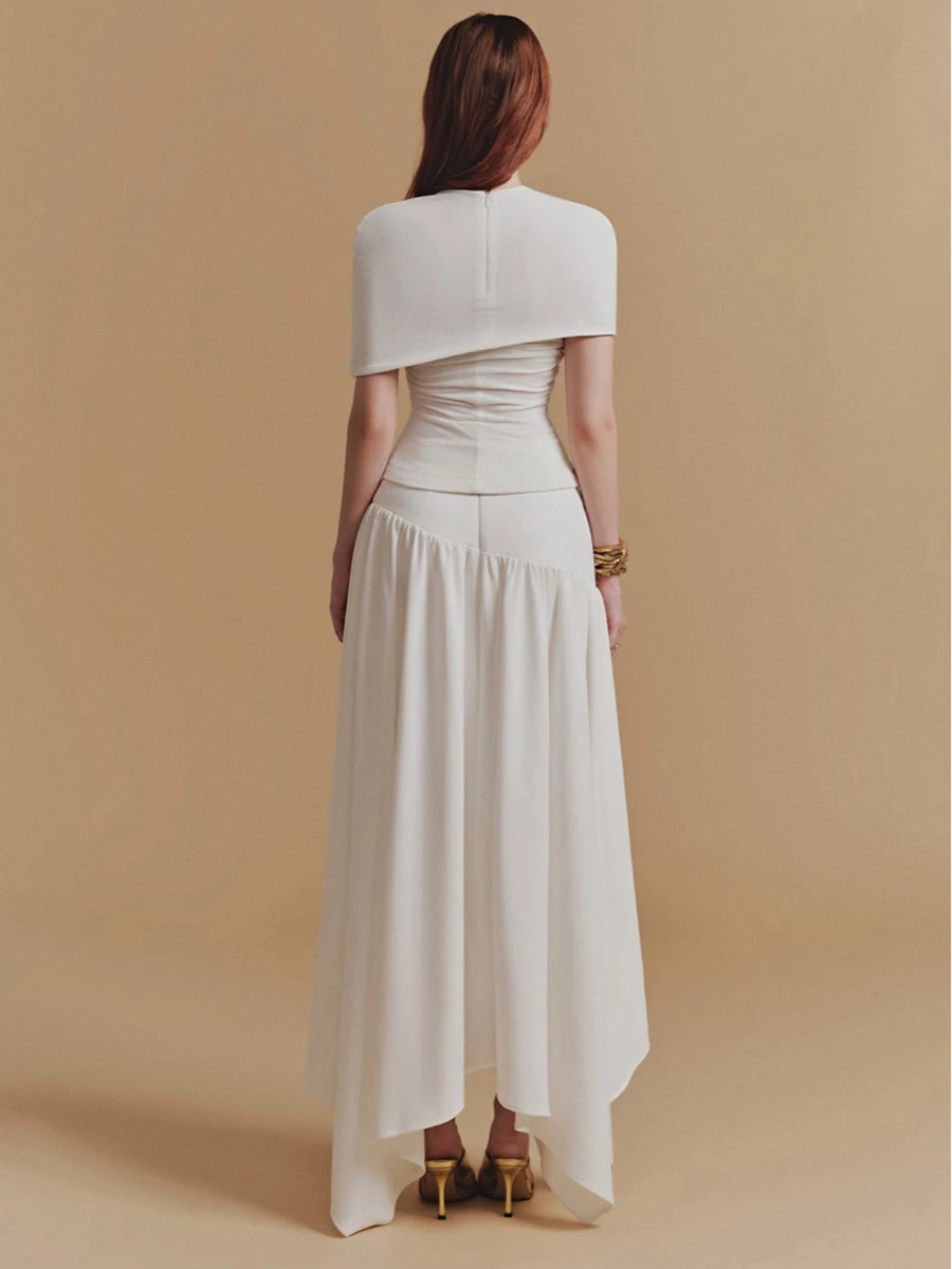 VGH temperamento Slim Fit conjuntos de dos piezas para mujer cuello redondo manga corta Top calado falda larga de cintura alta conjunto elegante Mujer