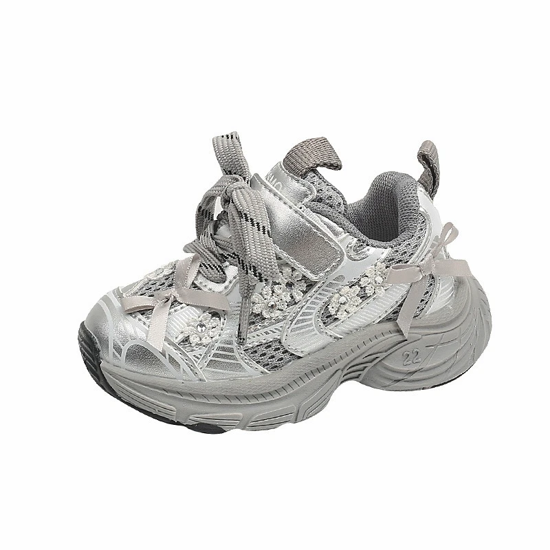 Kids Girls Sneakers,Silver Flower Sport Shoes For Children Woman,Toddler Lace-up School Shoes,Baby Walkers