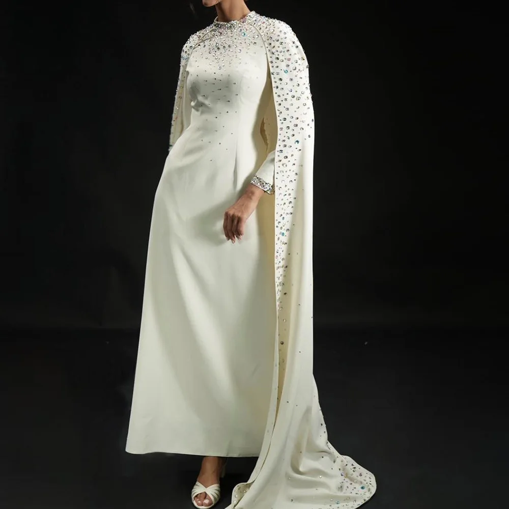 

Индивидуальные платья для выпускного вечера трапециевидной формы длиной до пола, с высоким воротом и длинными рукавами, вечернее платье, модное простое драпированное вечернее платье с кристаллами