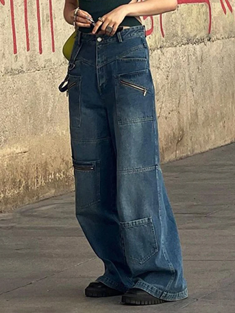 Weekeep Retro Pocket Patchwork Jeans Women Streetwear High Waist Baggy Straight Denim Cargo Pants y2k Aesthetic Casual Trousers