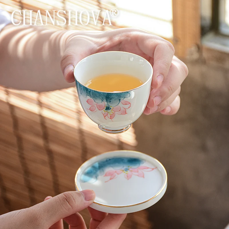 CHANSHOVA-Chinese Style Hand Painted Ceramic Teacup and Saucer Set, White Porcelain Tea Cups, Personality, 80ml, H673