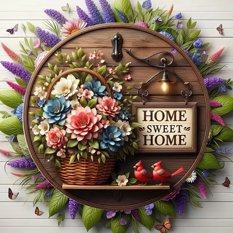 2D Spring Floral Wreath Wooden Round Wall Art 8 Inch Extra Decor for Bar Cafe Beach House Backyard - Decorative Ruler Theme