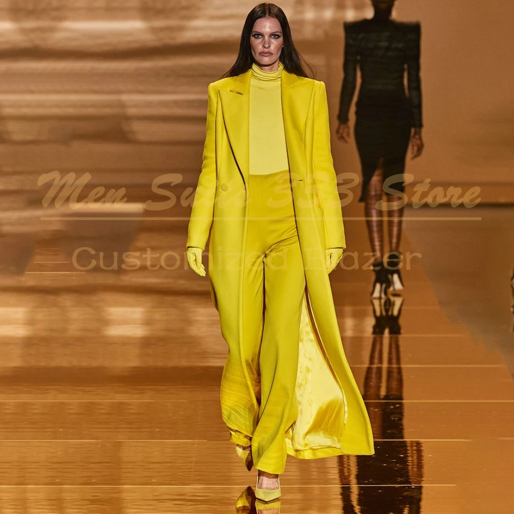 

Long Women's Blazer 2 Piece Jacket With Pants Fashion Double Breasted Peak Lapel Loose Coat Customzied Female Clothing Outfits