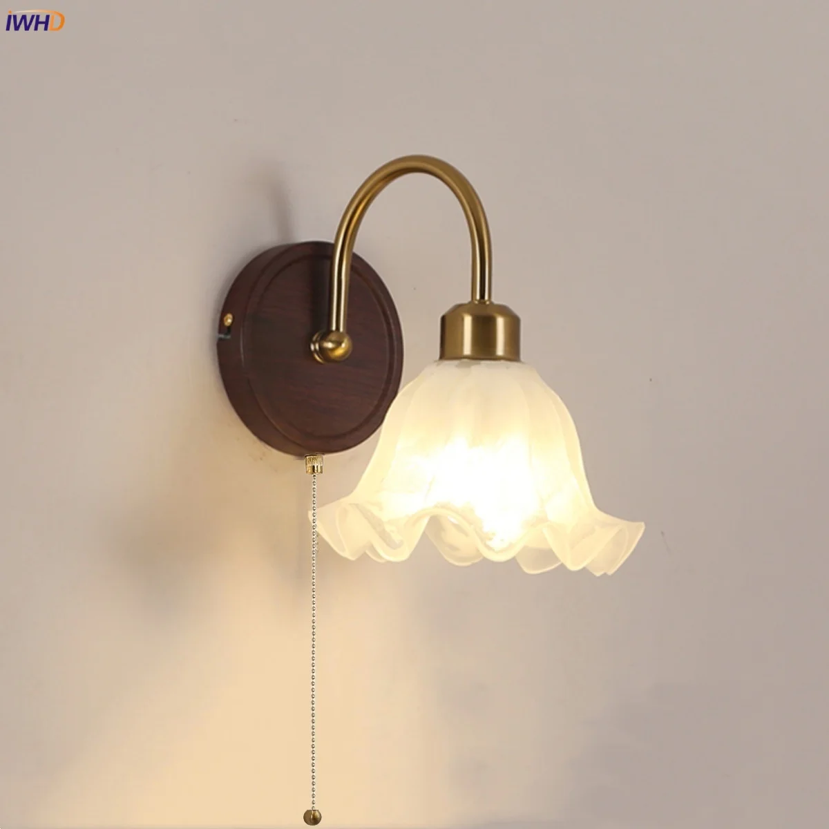 

IWHD Simple LED Wall LED Wall Lights Stair Light Fixture Hallway Bedroom Foyer Glass Pull Chain Switch Wood Bedside Lamp Sconce