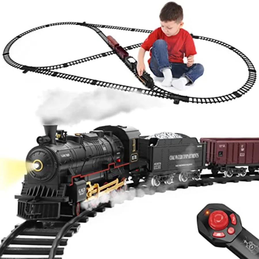 

Electric train set with remote control for Christmas tree decoration alloy steam locomotive with lights and sounds red and gree
