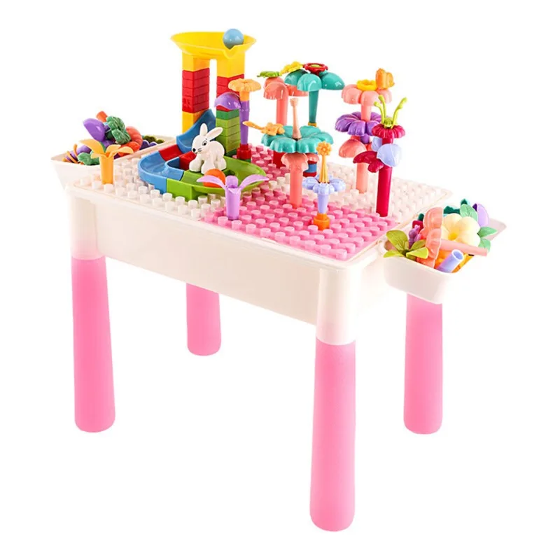 Multifunctional plastic building block baby figure sliding table children's assembly toy plug-in game function