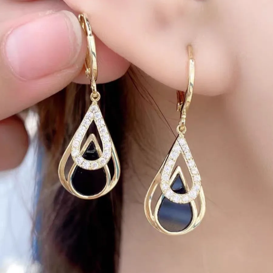 Trendy Water Droplet Dangle Earrings for Women Hollow Out Black Enamel Oil Rhinestones Golden Hoop Drop Earrings Party Jewelry