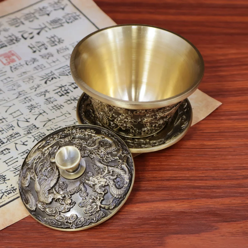 Brass Dragon and Phoenix Tea Cup Tea Bowl Chinese Style Study Desktop Decoration Relief Tureen Three-Piece Tea Set