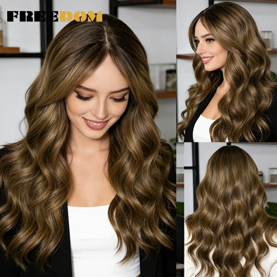 

FREEDOM Body Wave Synthetic Lace Front Wigs For Women Ombre Brown Blonde 18 Inch Lace Wig With Bangs Heat Resistant Cosplay Wig