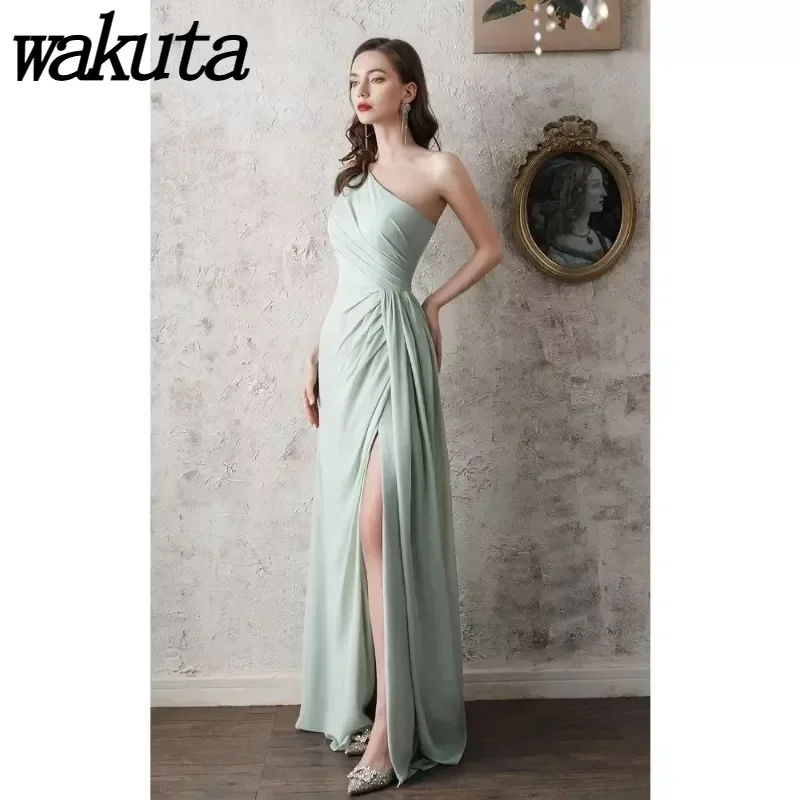 

Wakuta One Shoulder Chiffon Bridesmaid Dresses Long Ruched A Line Formal Dress with Slit Robe De Soirée De Mariage Vestido Festa