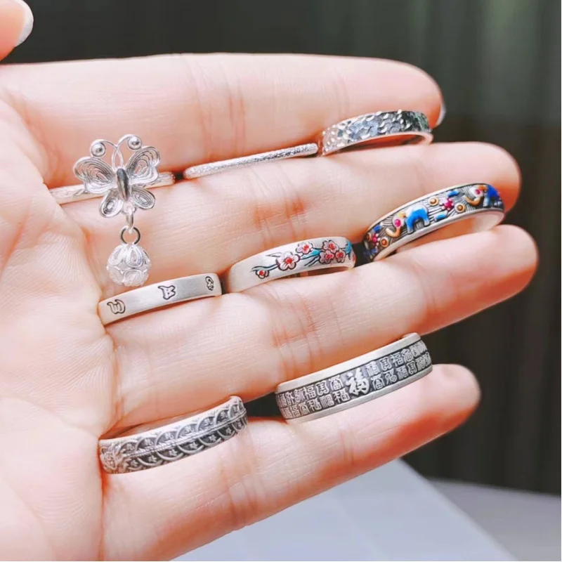 s999Pure Silver Cloisonne Butterfly Ring Women's Pure Empty Open Adjustable Retro Painted High-Grade Personality Wide Ring