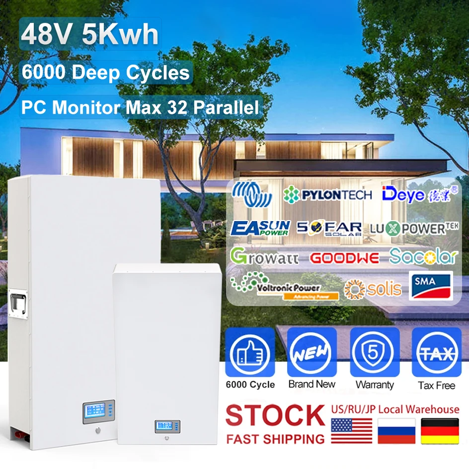 

48V 100Ah Powerwall 6000 Cycles 5120Wh PC Monitor Max 32 Parallel LiFePO4 Battery Pack Built-in 16S 51.2V 100A BMS NO TAX