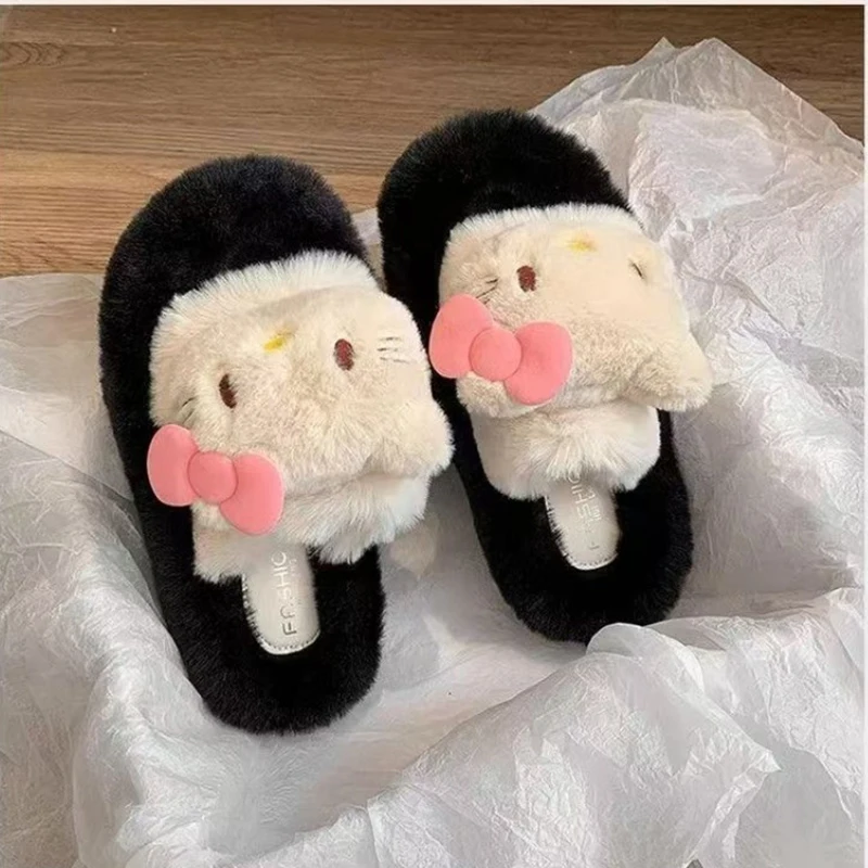 Kawaii simpatico cartone animato Hello Kitty pantofole pelose con suola spessa donna autunno/inverno tavolozza di colori dopamina nuova moda regalo adorabile