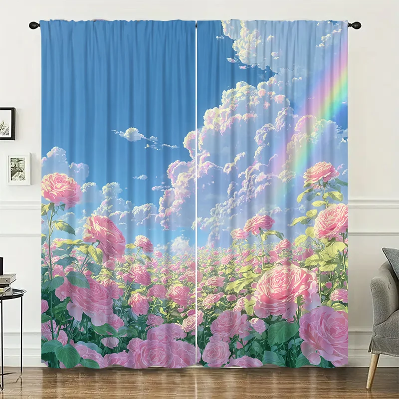 Rose garden sky curtains, installed using pocket rod method, suitable for bedrooms, living rooms, balconies, for decoration.