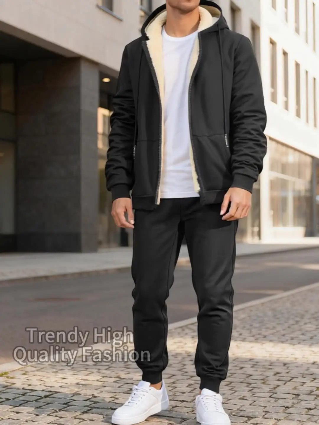 Men's Suit Two-Piece Tracksuit Plush Thickened Warm Sports Jacket+Trousers Sports Suit Winter Outdoor Casual Hoodie Sportswear