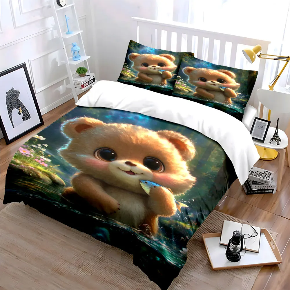 Cute bear in forest stream Print Bedding Set 1 Duvet Cover 2 Pillowcases for Adult and Children Luxury Gift Full Size