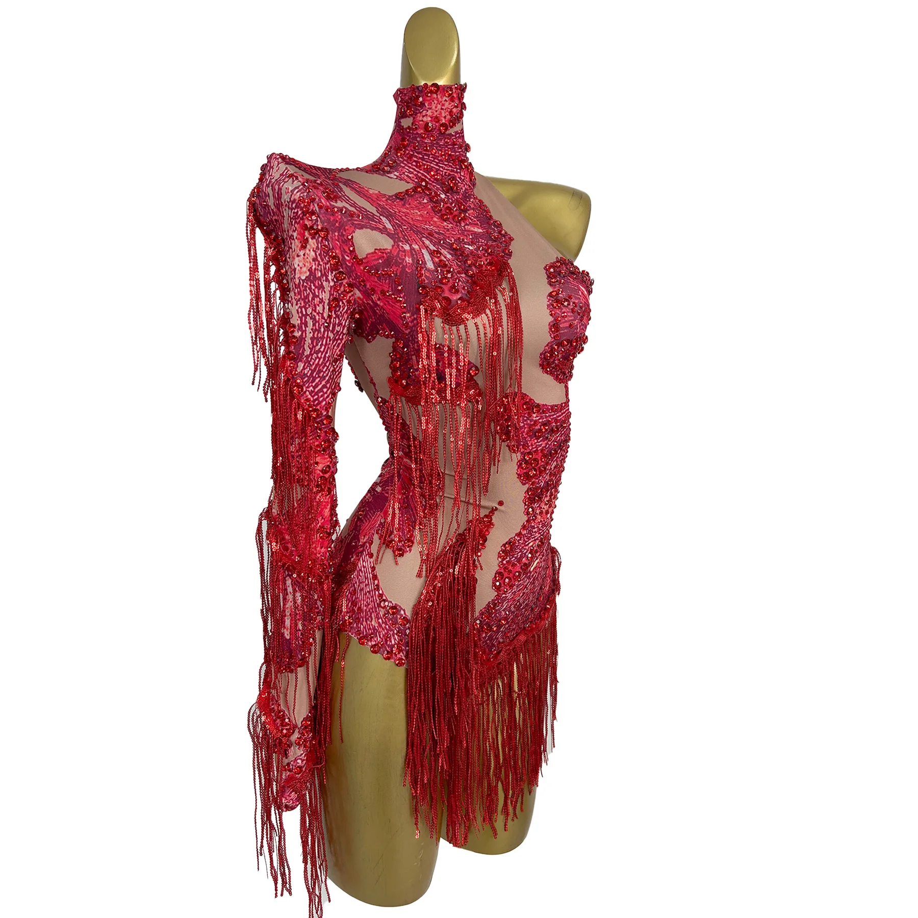 Duxiu One Sleeved Women Jumpsuit Red Rhinestone Fringe Skirt Bar Celebrity Performance Costume Latin Dance Pole Dance Skirt