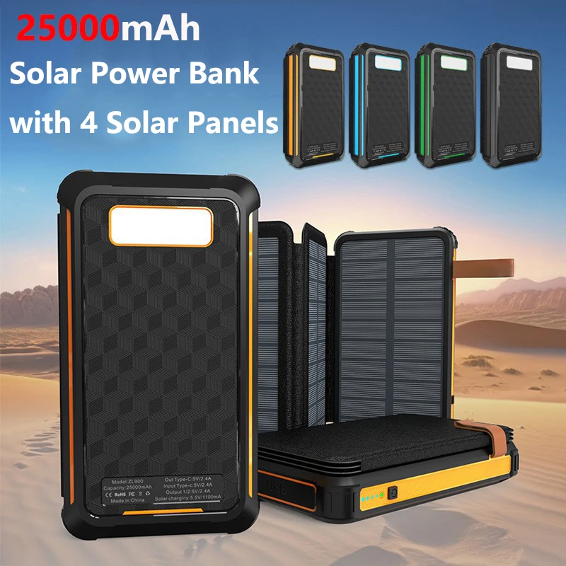 

25000mAh Solar Power Bank Folding Solar Panel Charger Powerbank with Camping Light for iPhone 17 Samsung Xiaomi External Battery