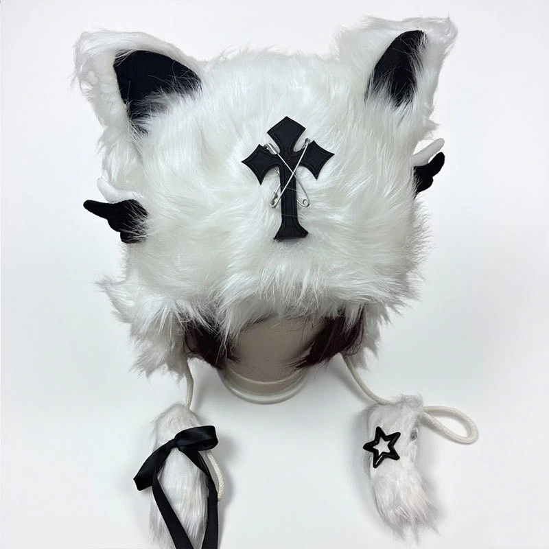 Japanese Subculture Cat Ears Hats Women Y2k Faux Fur Warm Black Caps Kawaii Clothing 2000s American Vintage Punk Gothic