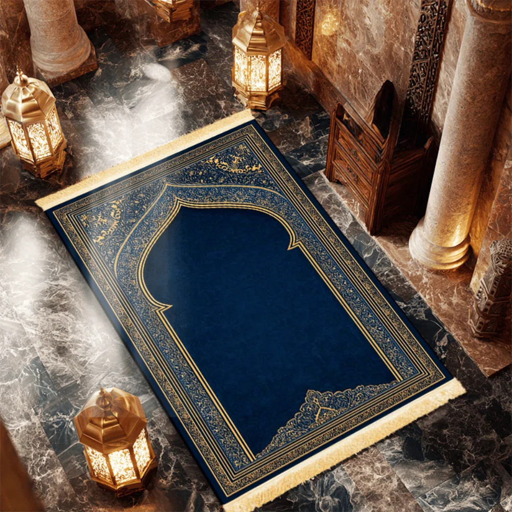 Navy Blue Gold Floral Arch Islamic Prayer Rug Polyester Portable Muslim Salah Mat Ramadan 2026 Gift Home Decor Prayer Carpet
