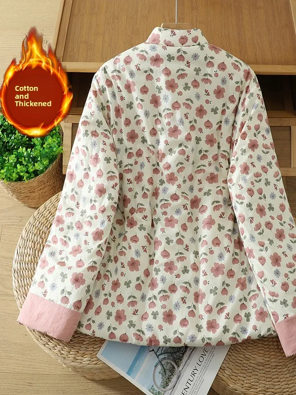 두꺼운 꽃무늬 프린트 루즈 아우터웨어 가을 겨울 신상 여성용 면 재킷 빈티지 버튼 따뜻한 스타일리시 달콤한 스타일
