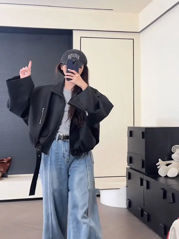 Doce e legal design gola de pé motocicleta jaqueta de couro feminino outono novo solto curto versátil lapela casaco