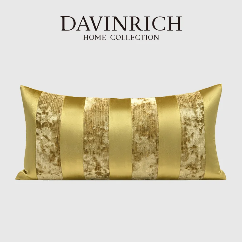DAVINRICH Istanbul Style Gold Striped Decorative Pillow Cover Luxurious Velvet Rectangle Cushion Case 30x60cm For Couch Sofa Bed