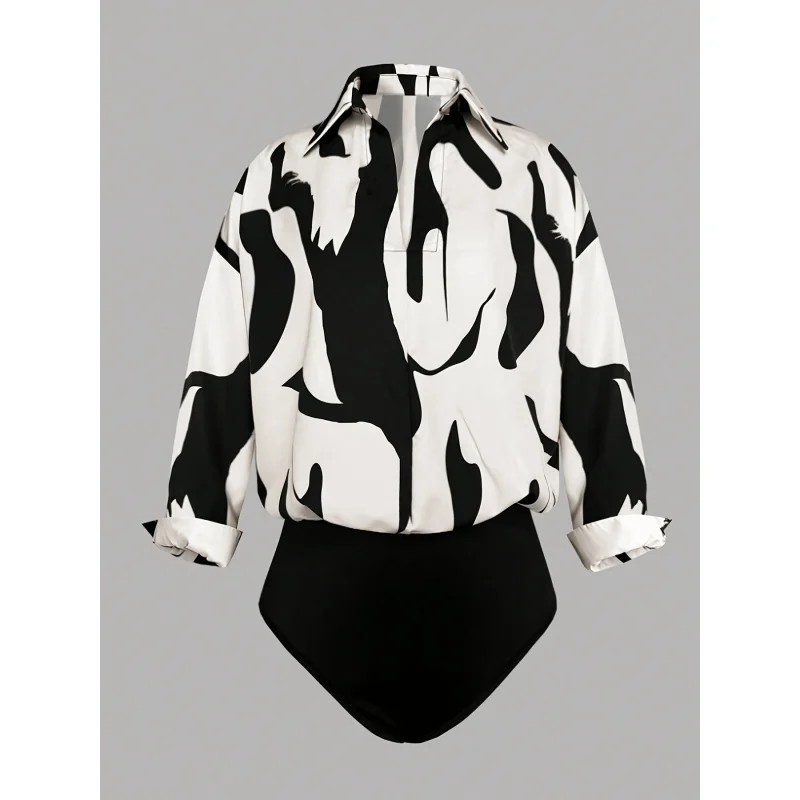 Long-Sleeved Jumpsuit, Made of Patchwork Fabric, Featuring a Loose Printed Shirt Combined with Solid Elastic Material