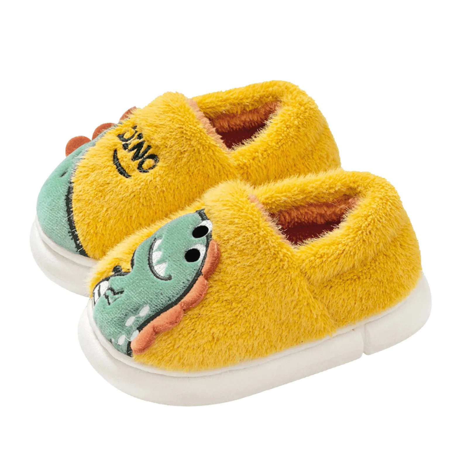 Winter Children Classic Cartoon Dinosaur Embroidered Plush Slippers Boys Girls Soft Soled Non-slip Warm Indoor Kids Cotton Shoes