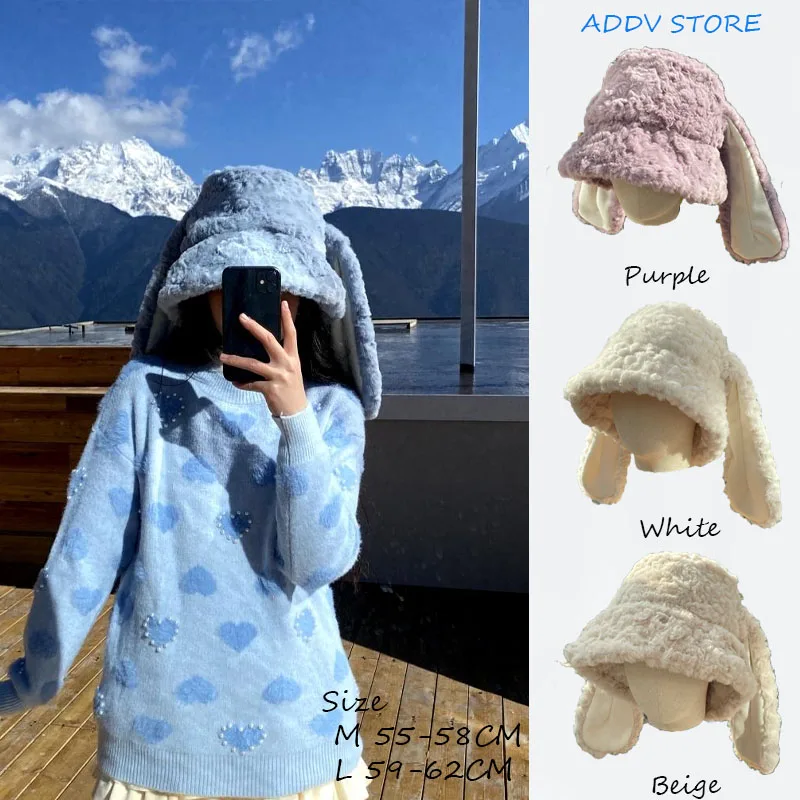 Lolita M/L Thick Rabbit Hair Blend Faux Fur Fisherman Bucket Hats for Women Girls Winter Warm Fluff Ear Bowl Autumn Street Caps