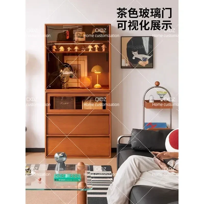 Medieval Bookcase Premium Retro Glass Door Dining Side Cabinet Living Room Solid Wood Furniture Storage Combination Display