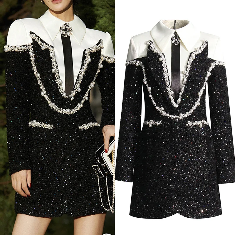 

Quality Autumn Winter Beaded Diamonds Suit Coat Tweed Dress Women White Collar Shirt Top Black Long Sleeve Pencil Party Vestidos