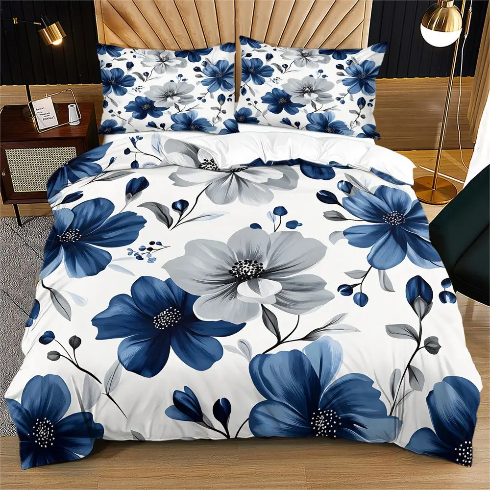 Blue Floral Duvet Cover Set Elegant Botanical Bedding Set Digital Print Quilt Cover Soft Microfiber Comforter Cover Home Decor