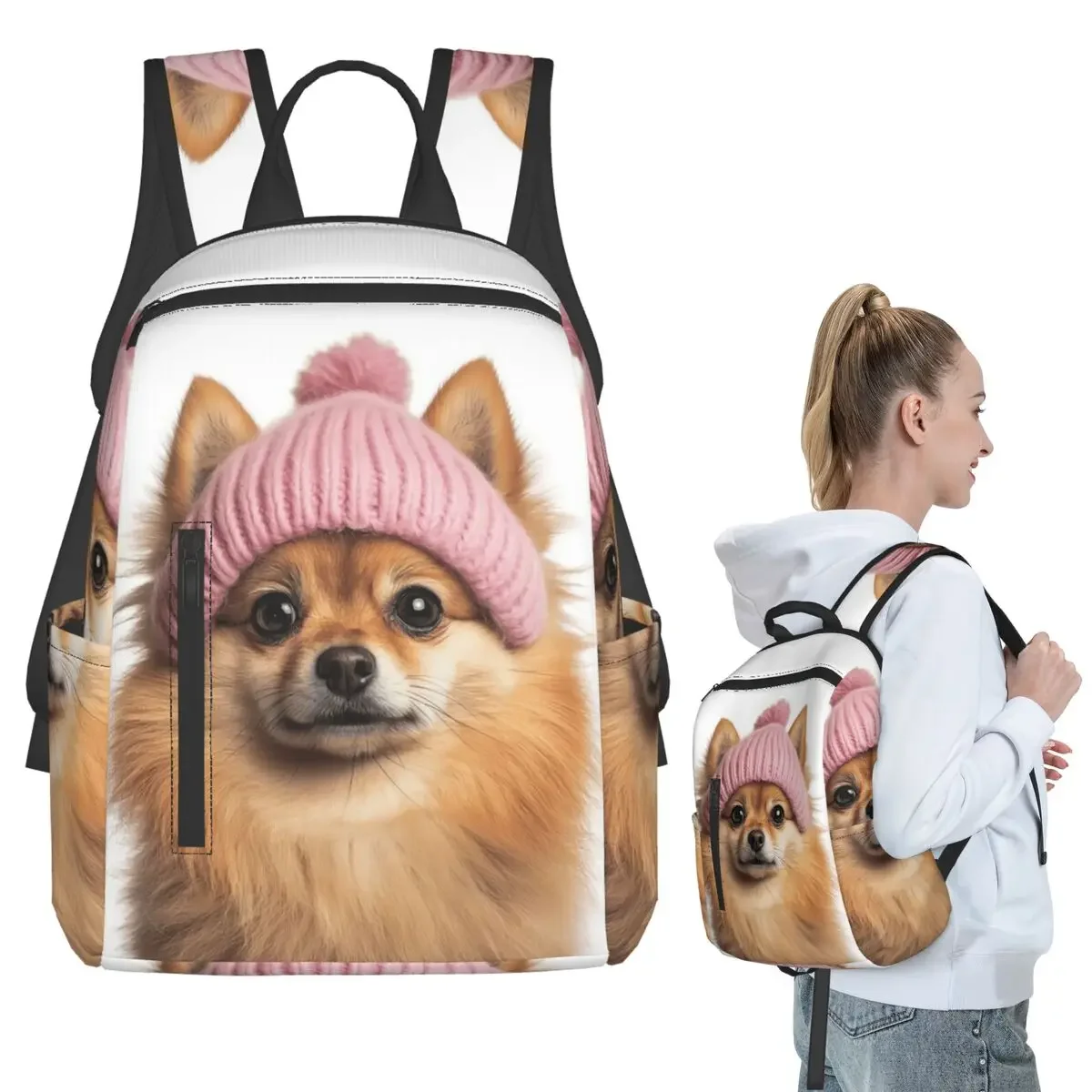 

Cozy Pomeranian Dog Wearing Pink Winter Hat Animal Backpack Boys Girls BookBag Kids School Bag Computer Shoulder Bags