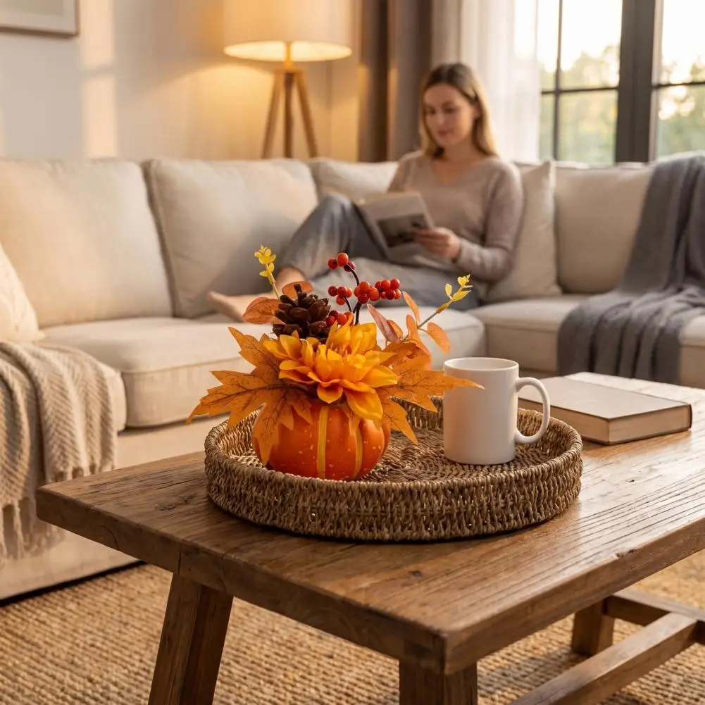 Rustic Thanksgiving Table Decor Artificial Pumpkin Decor Artificial Pumpkin Table Centerpiece with Sunflowers Maple Leaves Pine